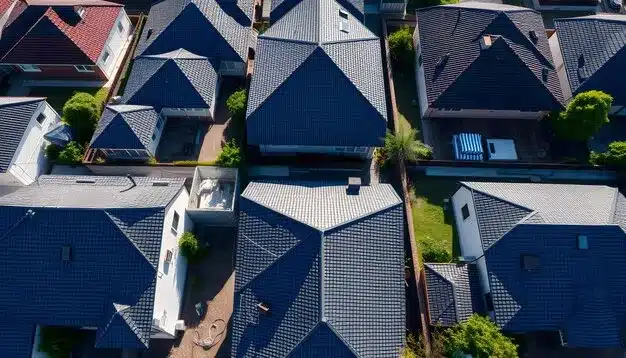 isolated residential roof structures with white overhangs