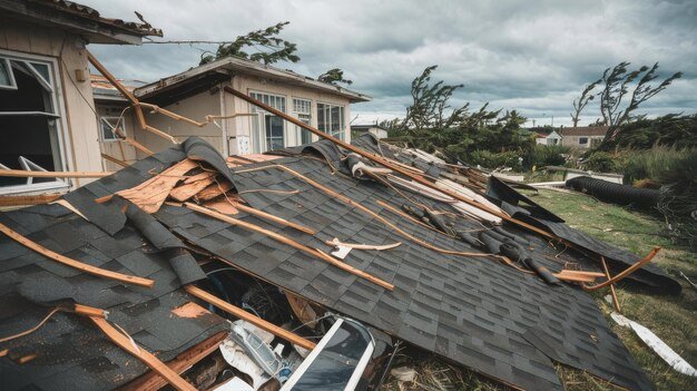 roof torn off near building was damaged by strong wind